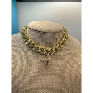 Gold Tone Rhinestone Cuban Link Choker Necklace Y Initial Pendant Streetwear